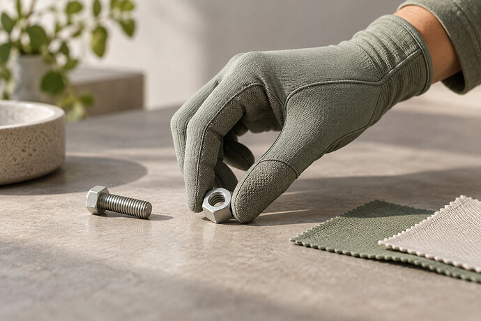 A concept textile glove handling a metal nut beside fabric samples.