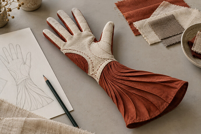A concept glove with a sculptural rust-coloured cuff, visible stitching and textile samples.