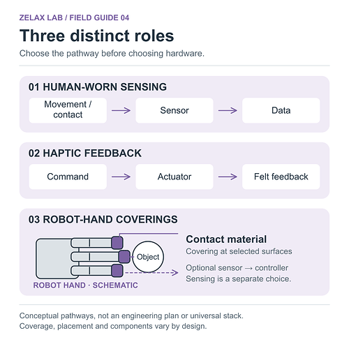Three distinct roles: sensing movement or contact into data, haptic commands into felt feedback, and robot contact coverings with sensing optional.