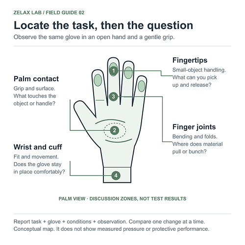 Palm-view observation map showing fingertips, palm contact, finger joints and wrist or cuff.