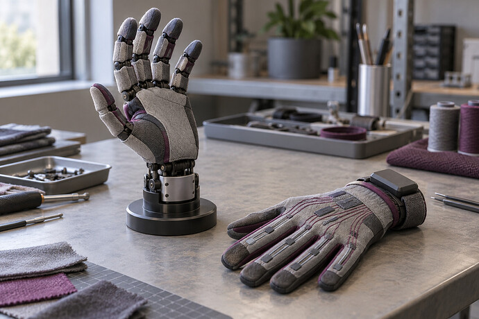 A concept robot hand with textile coverings beside a human-worn sensing glove.